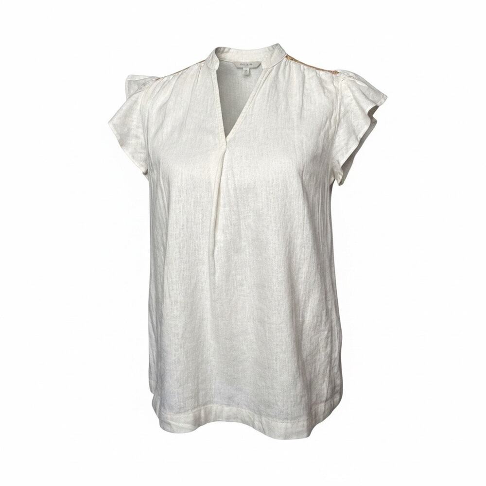 Studio Park Women Top XXS Linen Blend Ivory Crochet Accent Flutter Sleeve